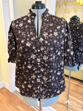 Gap Brown Floral Button-Front Ruffle Collar Blouse